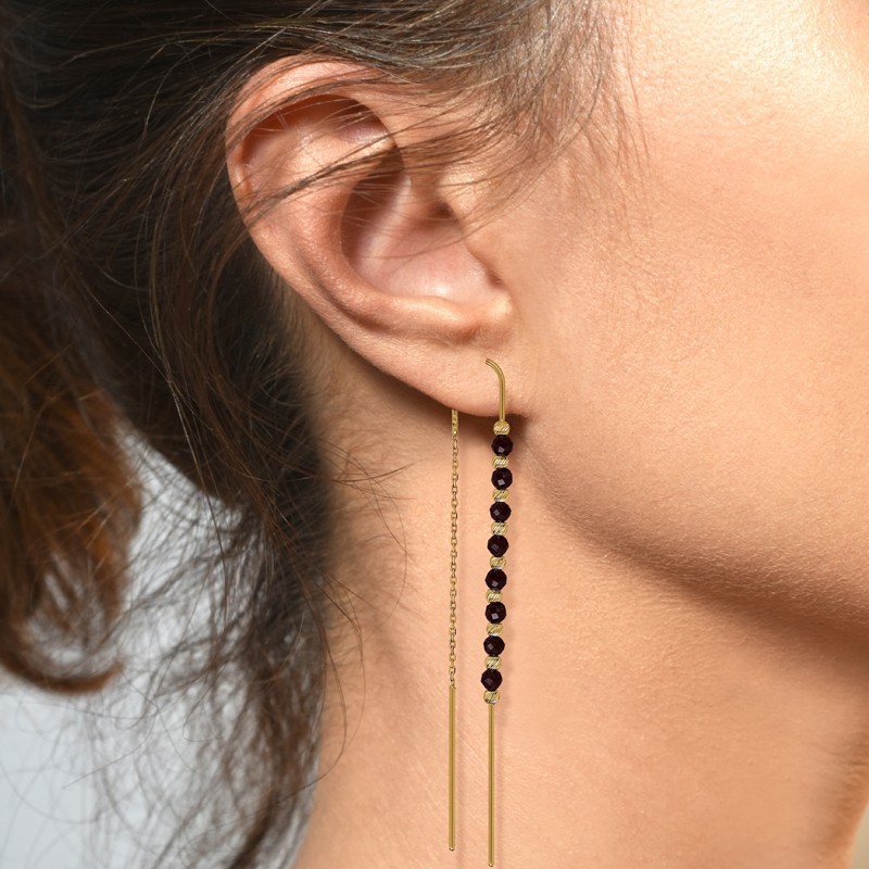 Złote kolczyki przewlekane z czarnymi Onyksami 3,6 pr. 585