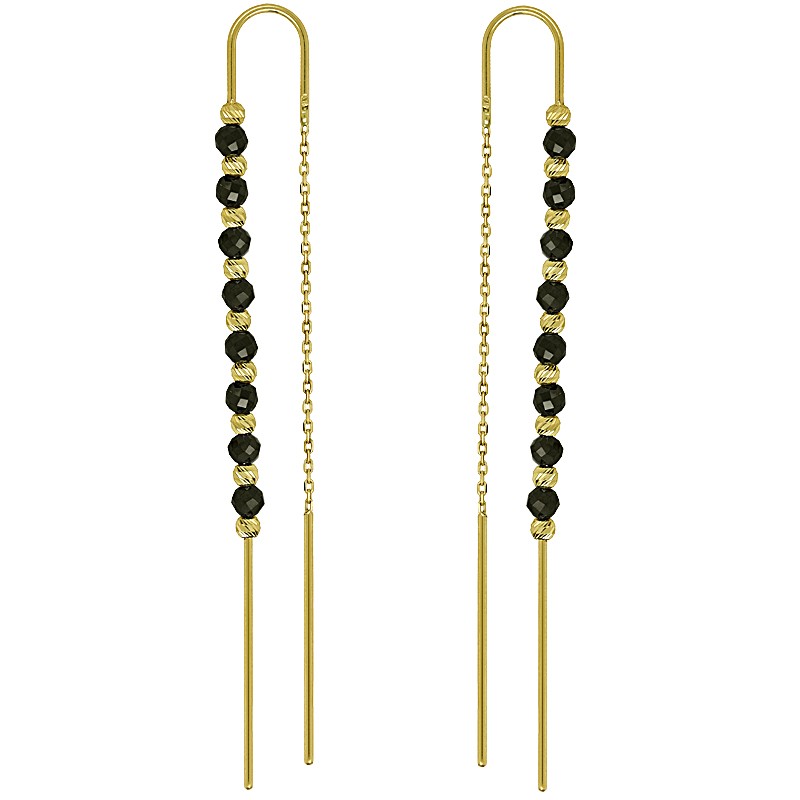 złote kolczyki przewlekane z onyksami, splot Ankier