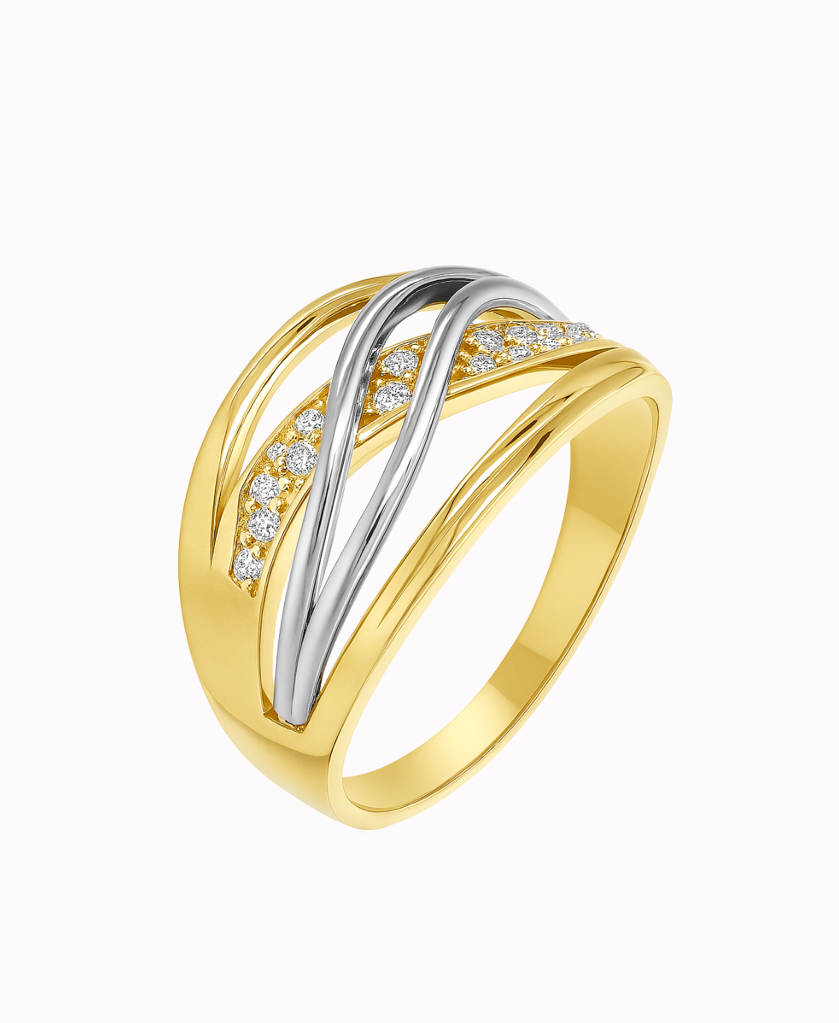Złoty pierścionek Biała Fala z cyrkoniami złoto 585