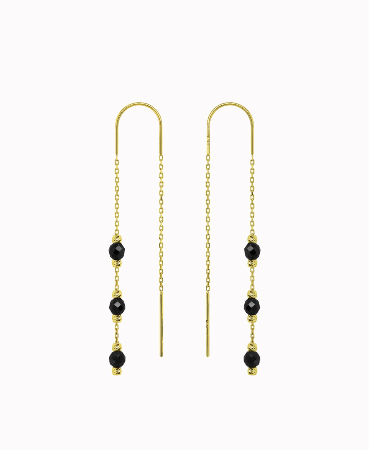Złote kolczyki przewlekane z czarnymi Onyksami 1,6 pr. 585