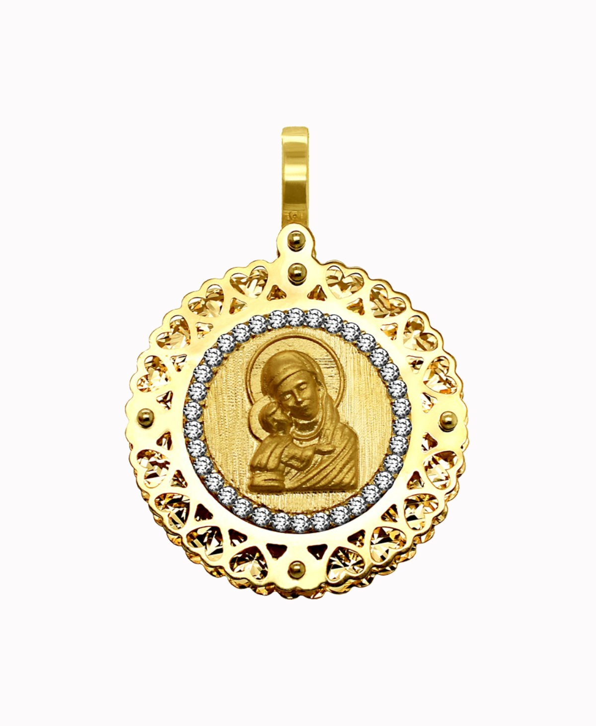 Złoty medalik Matka Boża Ażurowa z Cyrkoniami Pamiątka złoto pr.585