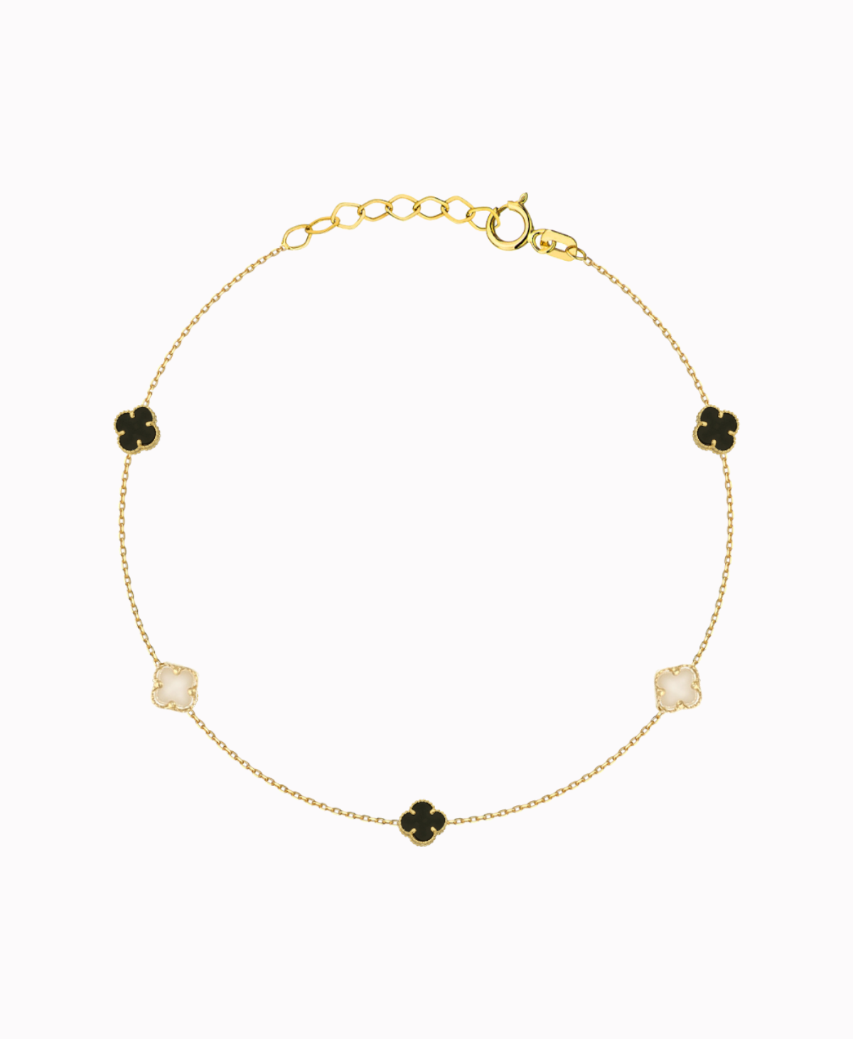 Złota bransoletka 5 Koniczynek białe i czarne pr. 585