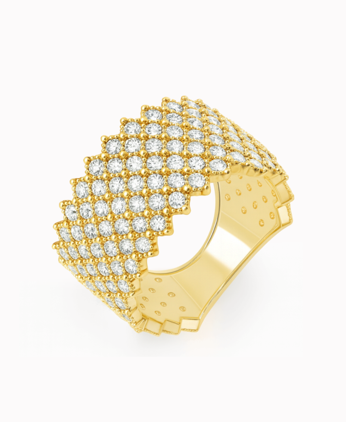 złoty pierścionek karo szeroki z cyrkoniami