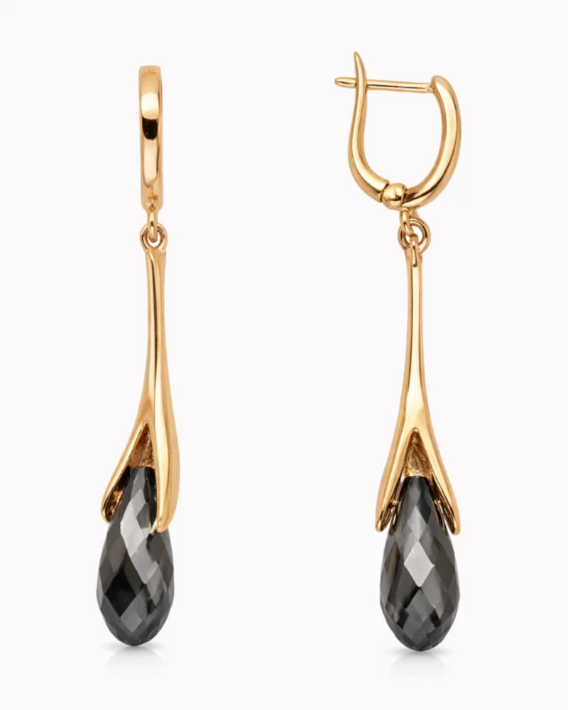 Złote kolczyki wiszące z czarną cyrkonią pr. 585