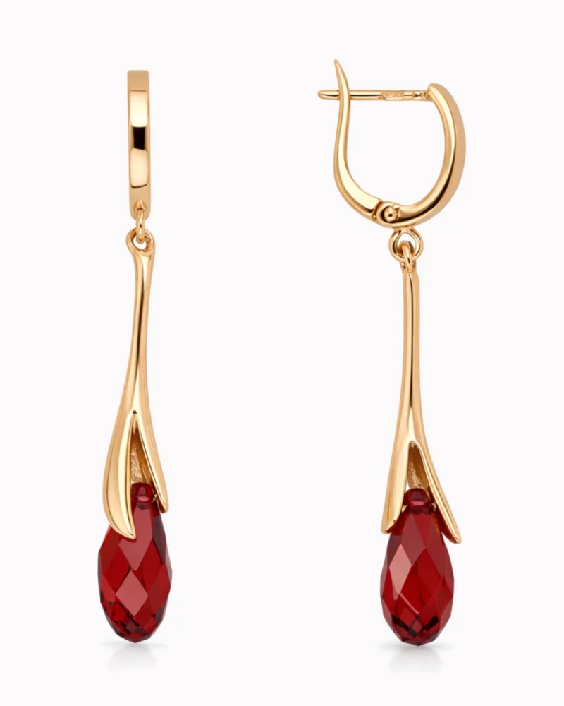 Złote kolczyki wiszące z czerwoną cyrkonią pr. 585