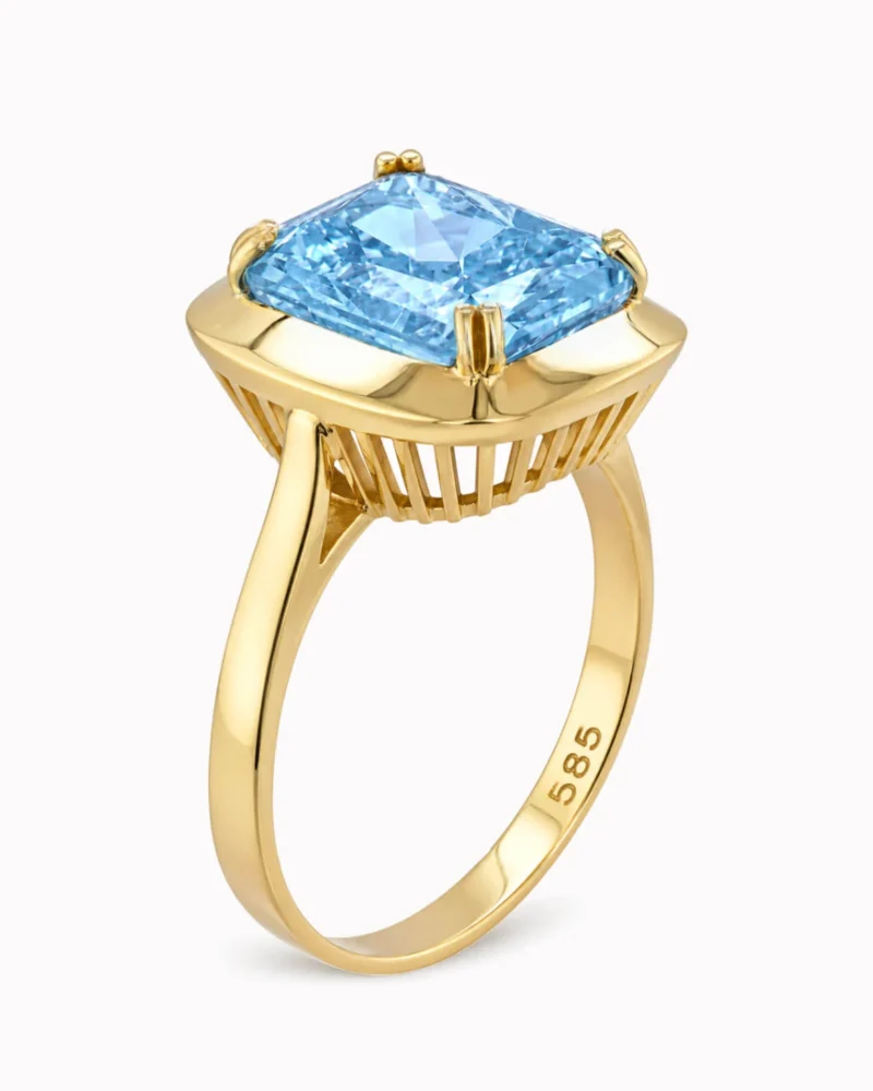 Złoty pierścionek z niebieską cyrkonią pr. 585